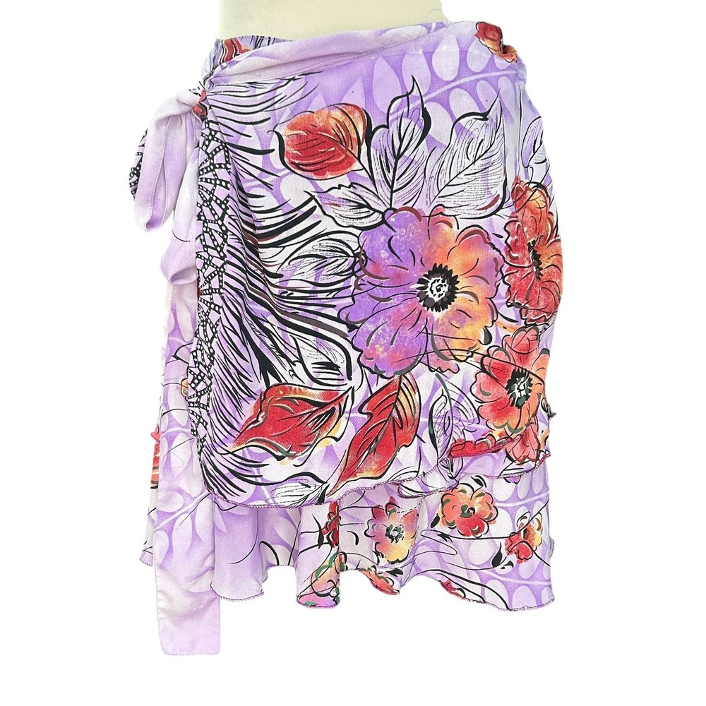 Lavender Silk Blend Floral Wrap S Sarong Skirt‎ Tropical Y2K Beach Resort Pool